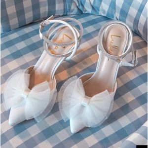 Lelanee White Satin Rhinestone Bow Ankle Strap Pumps